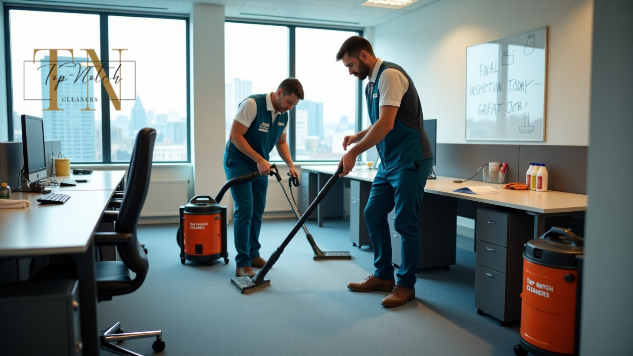 Professional Cleaners at Work in a Commercial Office Space in London